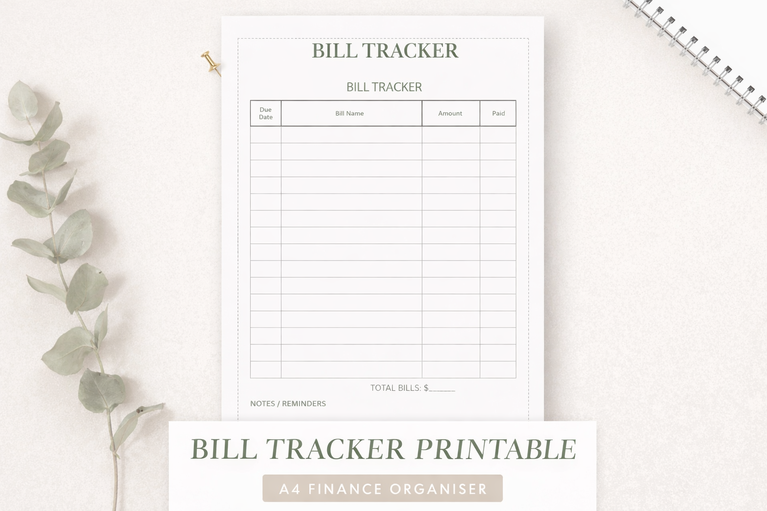 Bill Tracker Printable | A4 Monthly Bills Organiser | Finance Planner PDF