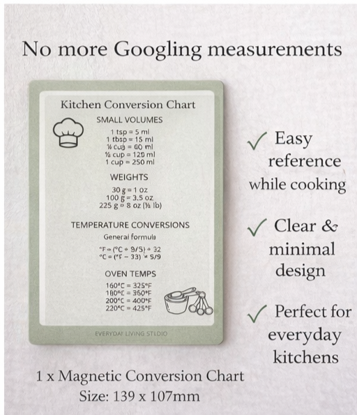 Kitchen Conversion Chart Magnet | Australian Measurements | Fridge Cooking Guide | Baking & Oven Temp Cheat Sheet